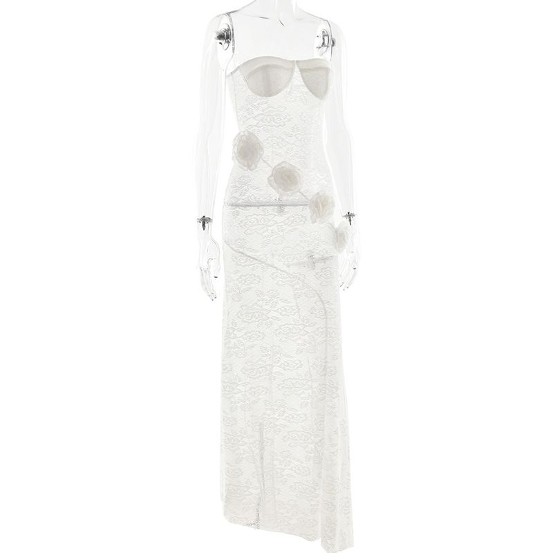 Abito da donna sexy, sottile e trasparente, in pizzo, con top a tubino autunnale e gonna lunga con coda di fiore tridimensionale_voghion.com