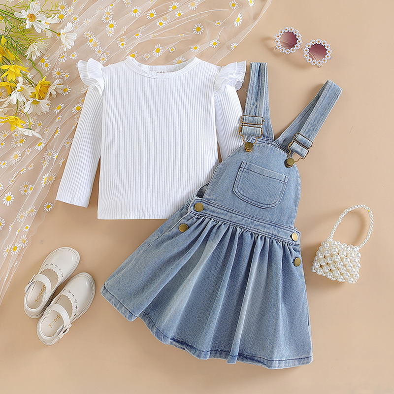 Babykleidung Mädchenanzüge Kinderkleidung Langarm-T-Shirt + Jeansrock mit Rückengurt, zweiteiliges Modeset_voghion.com