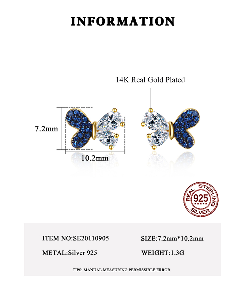 Orecchini a forma di farfalla in argento sterling con zirconi blu zaffiro, gioielli insoliti di lusso per feste placcati in oro_voghion.com