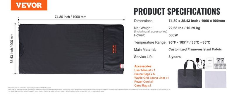VEVOR Sauna Blanket For Detoxification, Portable Far Infrared Sauna For Home, PU Sauna Bag W/ Therapy Stones & Carbon Fiber Heating, 1-6 Level Adjustable Temp 95-185°F , 1-60 Minutes Timer, 75 X 35in_voghion.com