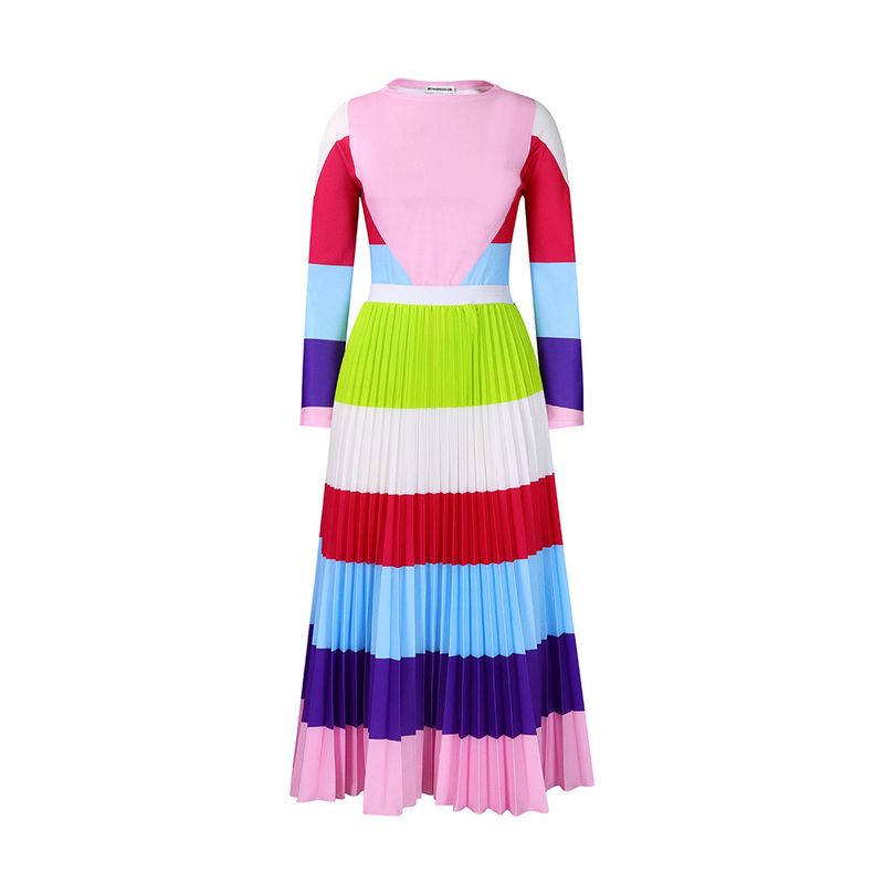 Damenbekleidung Faltendruck Kontrastfarbener Anzug Langärmliges Oberteil Modischer Halbrock Zweiteiliges Set_voghion.com