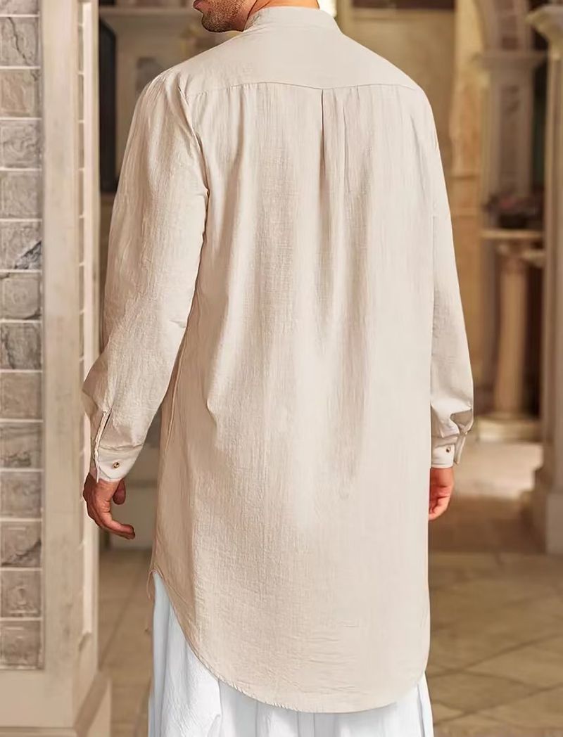 Herrenbekleidung Button Baumwolle und Leinen Shirt Muslim Robe_voghion.com