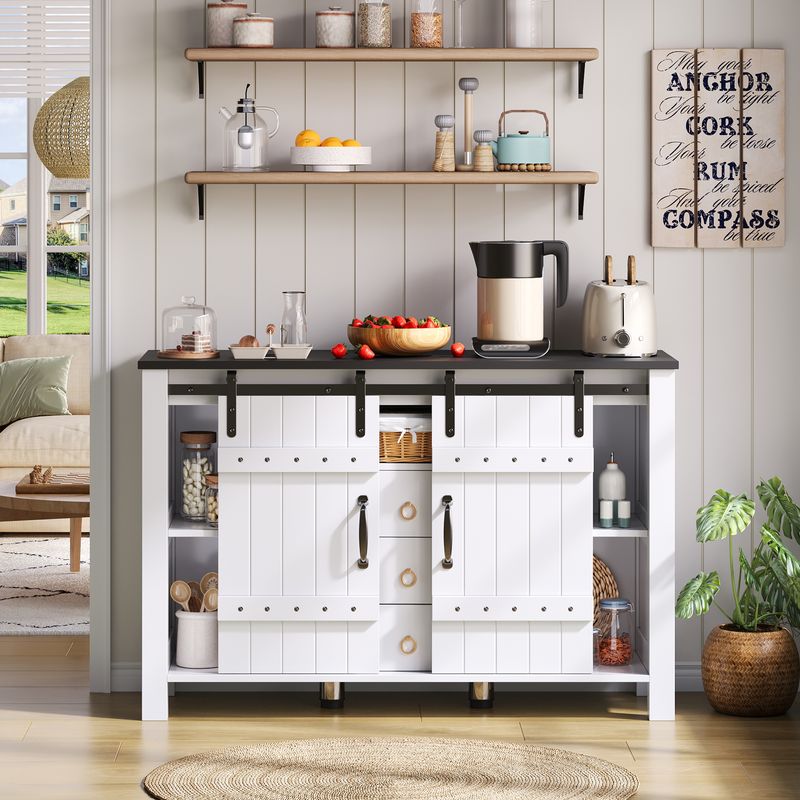Buffetschrank Bianco 120cm Con Schiebetüren, 3 Schubladen, Rustikaler Holzstil_voghion.com