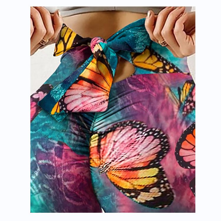 Pantaloni da yoga da yoga da donna con stampa multicolore antirughe sull'anca, dimagranti a vita alta, con fiocco elasticizzato_voghion.com