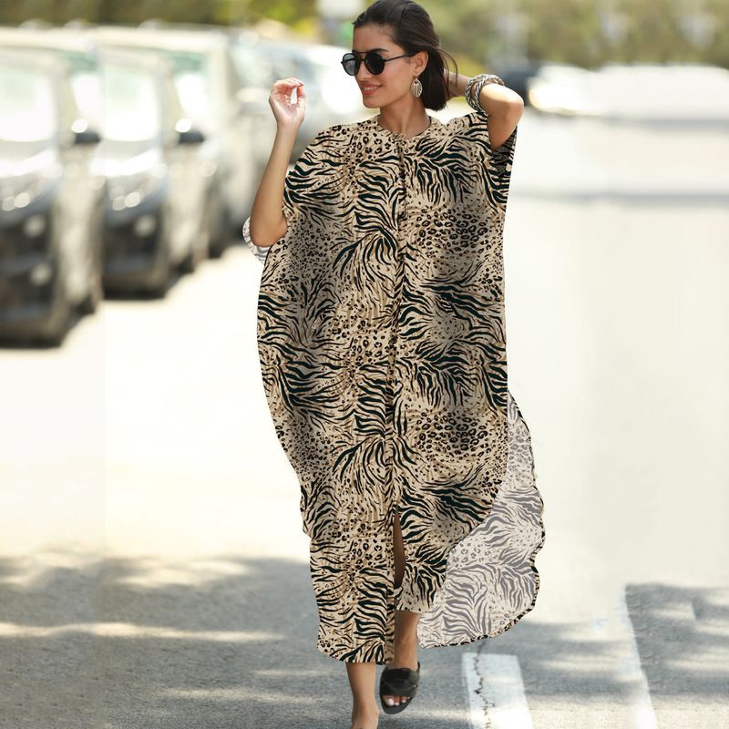Vestido largo con estampado de leopardo para mujer, túnica playera, protección solar, traje de baño envolvente_voghion.com