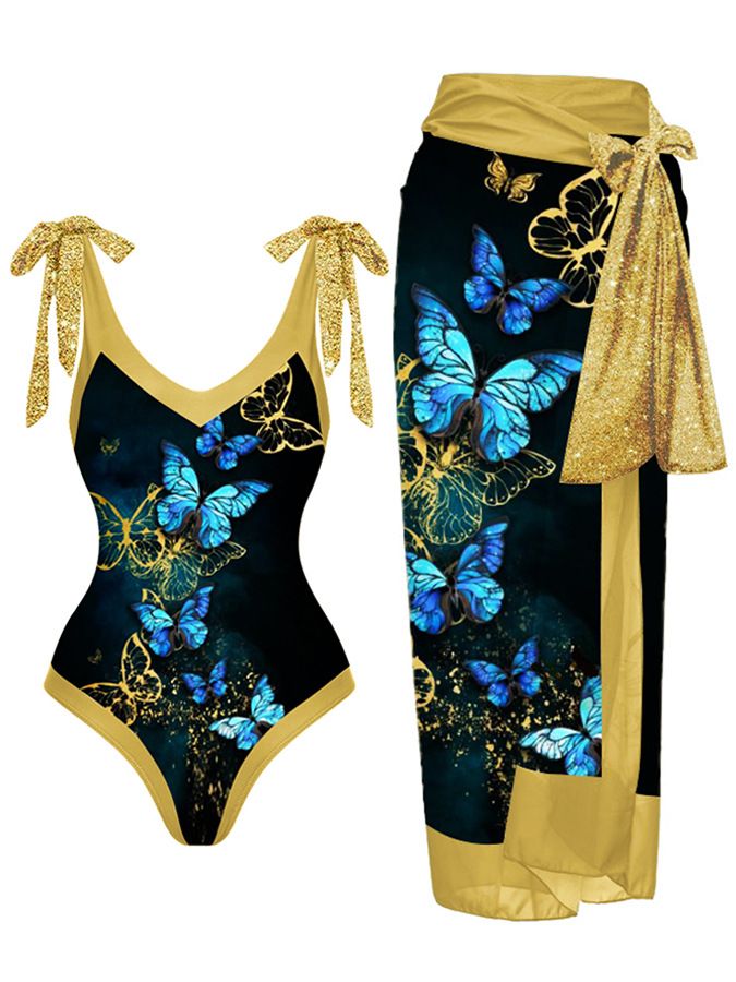 Printed One-Piece Swimsuit With Wrap Skirt – Stylish & Sun-Protective Swimwear For Women_voghion.com