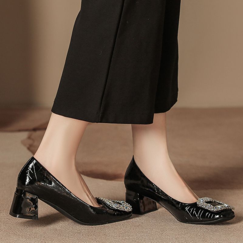 H923-10 Silber High Heel Square Toe Chunky Damen Lackleder Niedriger Absatz Casual Fahion Veratile Elegant Single_voghion.com