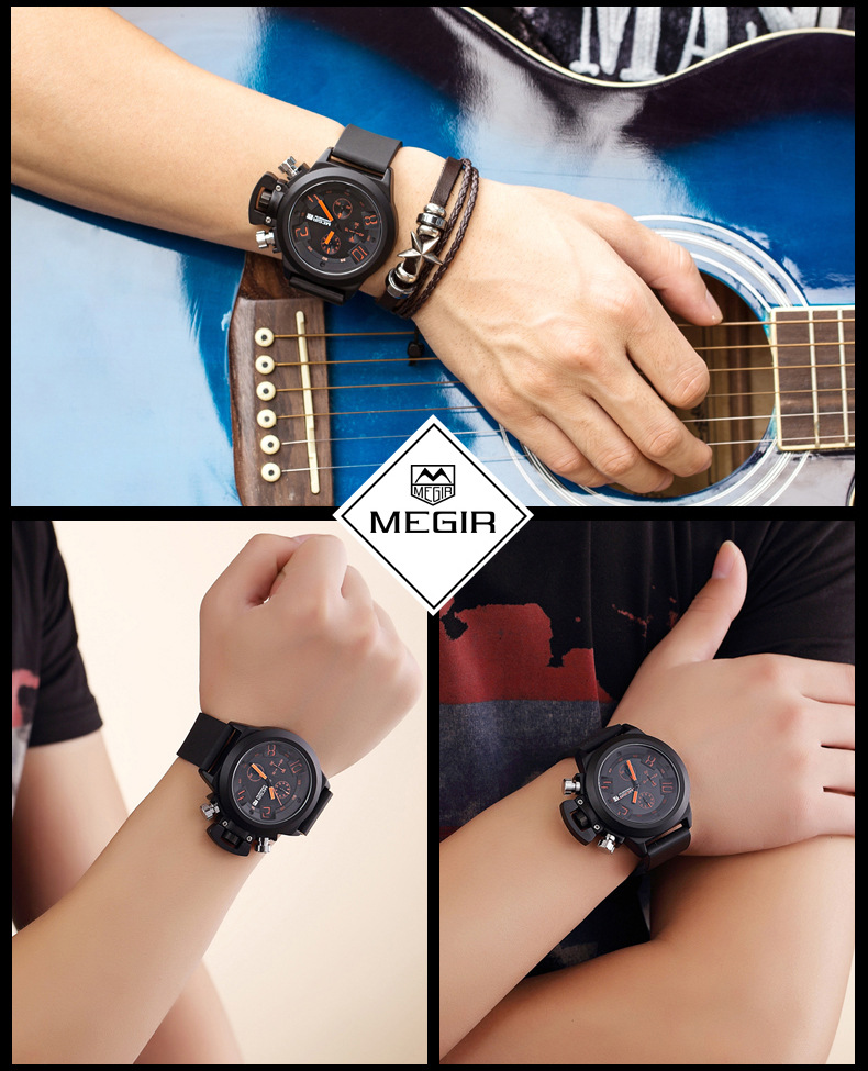 Nyt bedst sælgende ur Megal MEGIR multifunktionelt herreur Sports Silikone Tape Vandtæt kalender Quartz Watch 2002_voghion.com