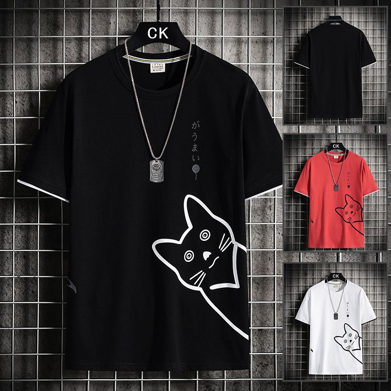 Student Loose Round Neck Sleeved Summer New Big Boy Pure Cotton Printed Short T-Shirt For Men_voghion.com