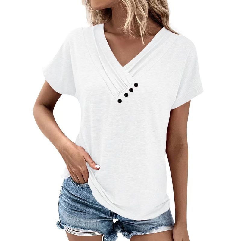 Step Into 2025 Summer Top Women's Solid Color V-neck Casual T-shirt Short Sleeve_voghion.com