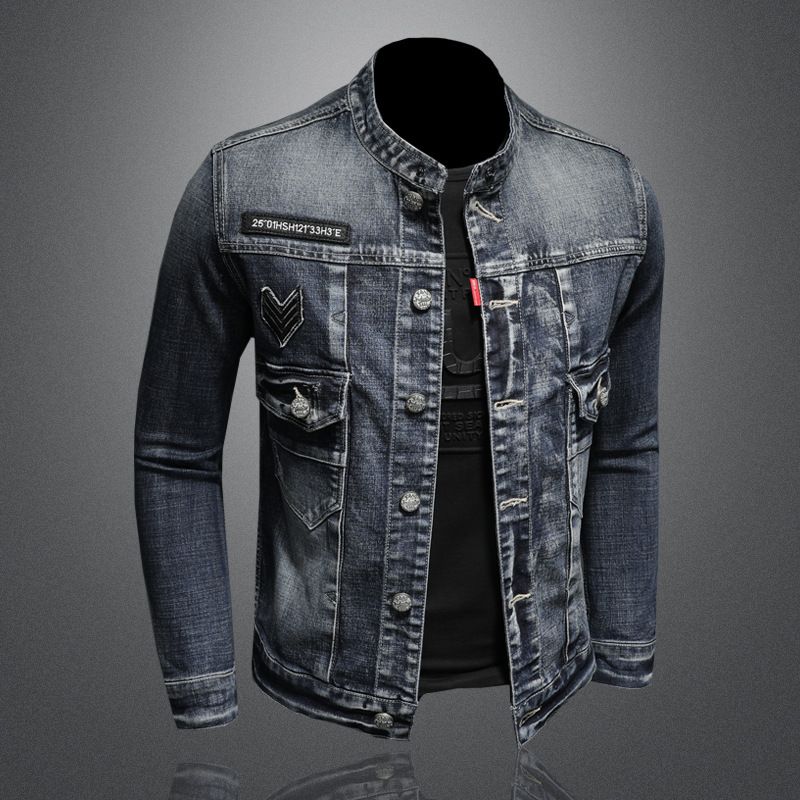 Herrenbekleidung Stilvolle Stehkragen-Jeansjacke Stretch-Jeansjacke für Herrenmode_voghion.com