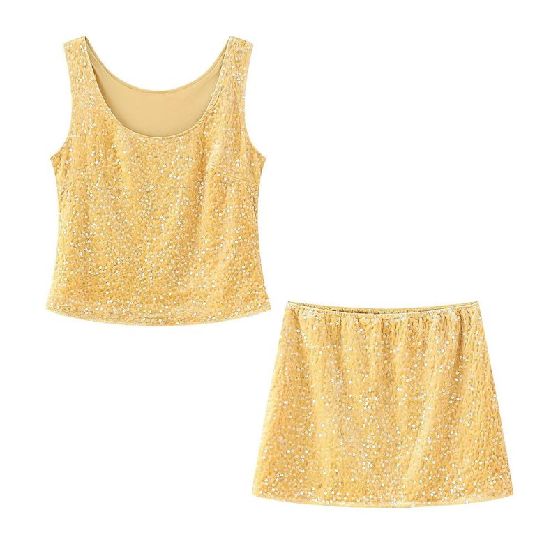 New Style Elegant Simple Sequin Strap Top And High Waist Skirt Set For Women_voghion.com