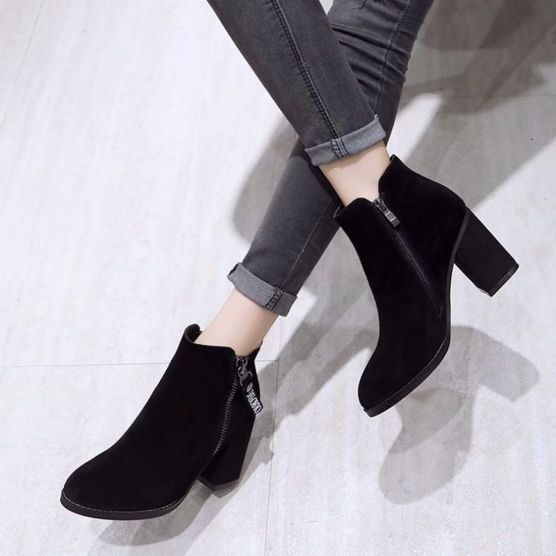 2023 Women's Short Spring And Single Boots High Thick Heels Cotton Winter Black Shoes Autumn_voghion.com