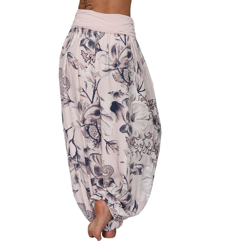 Plus Size Boho Pants, Women's Plus Floral Print Ruched Low Waist Loose Comfy Harem Pants_voghion.com