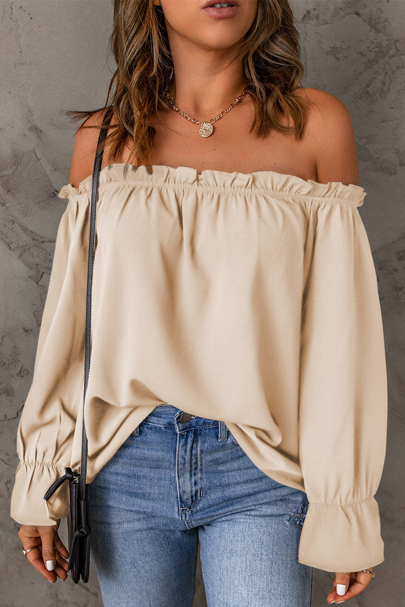 Blusa in chiffon con spalle scoperte da donna - Elegante top peplo a maniche lunghe con volant in tinta unita (nero, bordeaux, verde, beige, rosa antico)_voghion.com