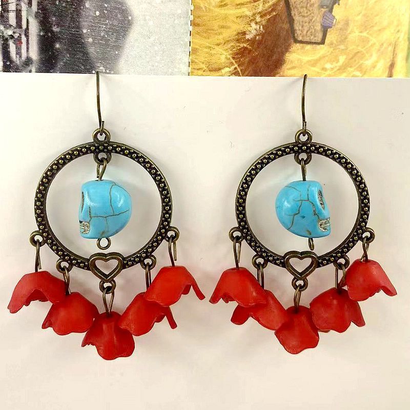 Halloween Hollow Metal Circle Heart Blue Turquoise Skull Red Rose Flower Earrings_voghion.com