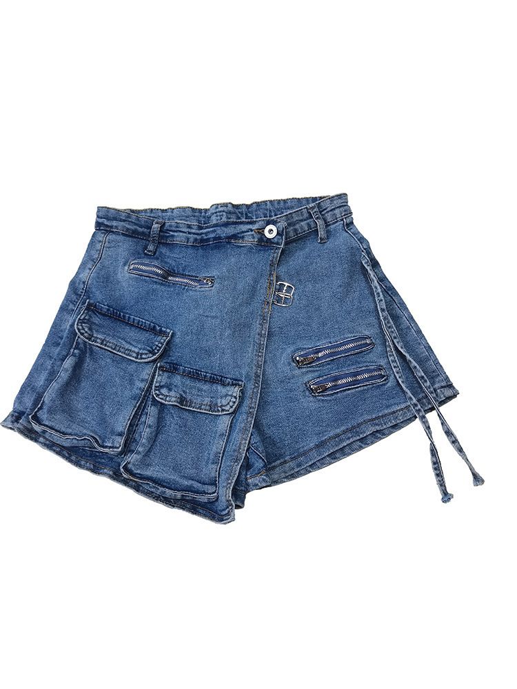 Mono de mezclilla elástico para mujer, pantalones cortos de mezclilla con múltiples bolsillos con cremallera_voghion.com