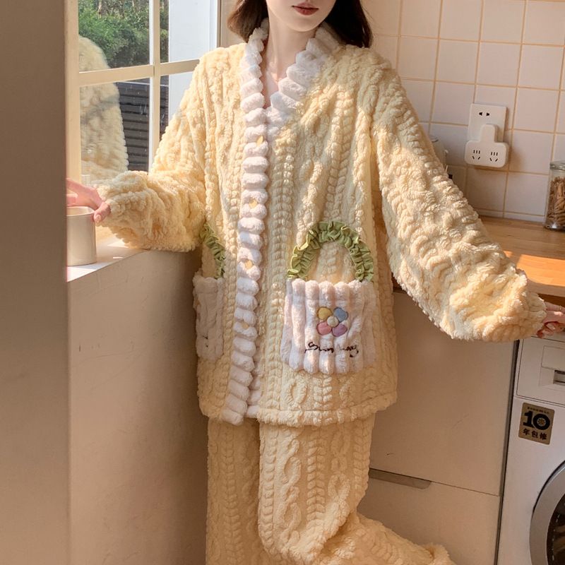 Women's Comfortable And Warm Pajamas Autumn And Winter Fleece Thickened Loungewear Set_voghion.com
