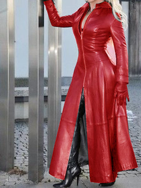 2021 new style Super Long Pu Solid Color Slim Zipper Collar Leather Jacket Women's Fashion Stand Collar Leather_voghion.com
