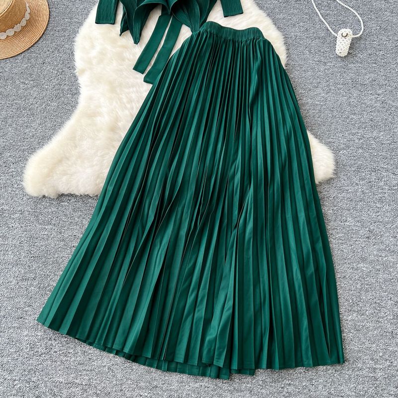 Ženska oblačila, naguban pas z neenakomernim robom, naguban zgornji del, nagubano krilo za ženske_voghion.com