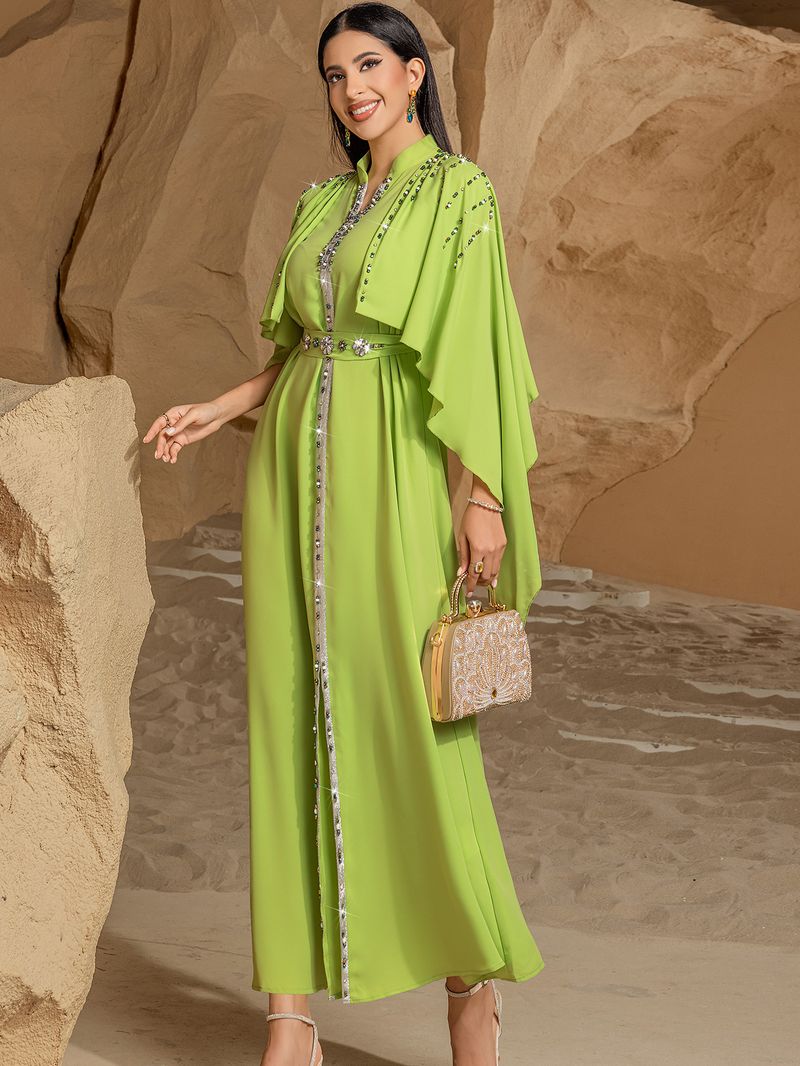 Robe châle à col mi-haut vert fruit pour femme, robe abaya en diamant cousue à la main_voghion.com