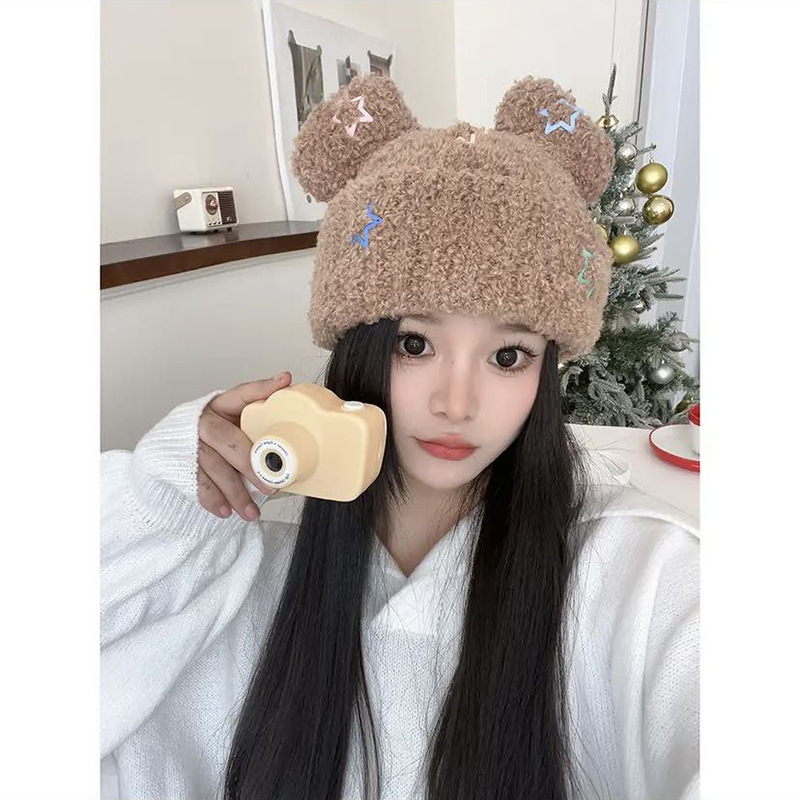 Süße Sternbär Plüsch Kinder Herbst und Winter verdickte Wärme große Kopfbedeckung Ohrhaar zeigen Gesicht kleine Fadenmütze_voghion.com