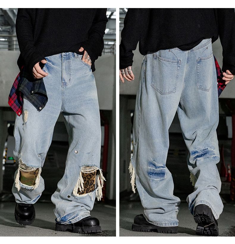 Men's Patchwork Distressed Jeans - American Vintage Wide-Leg Denim Pants With Removable Patches_voghion.com
