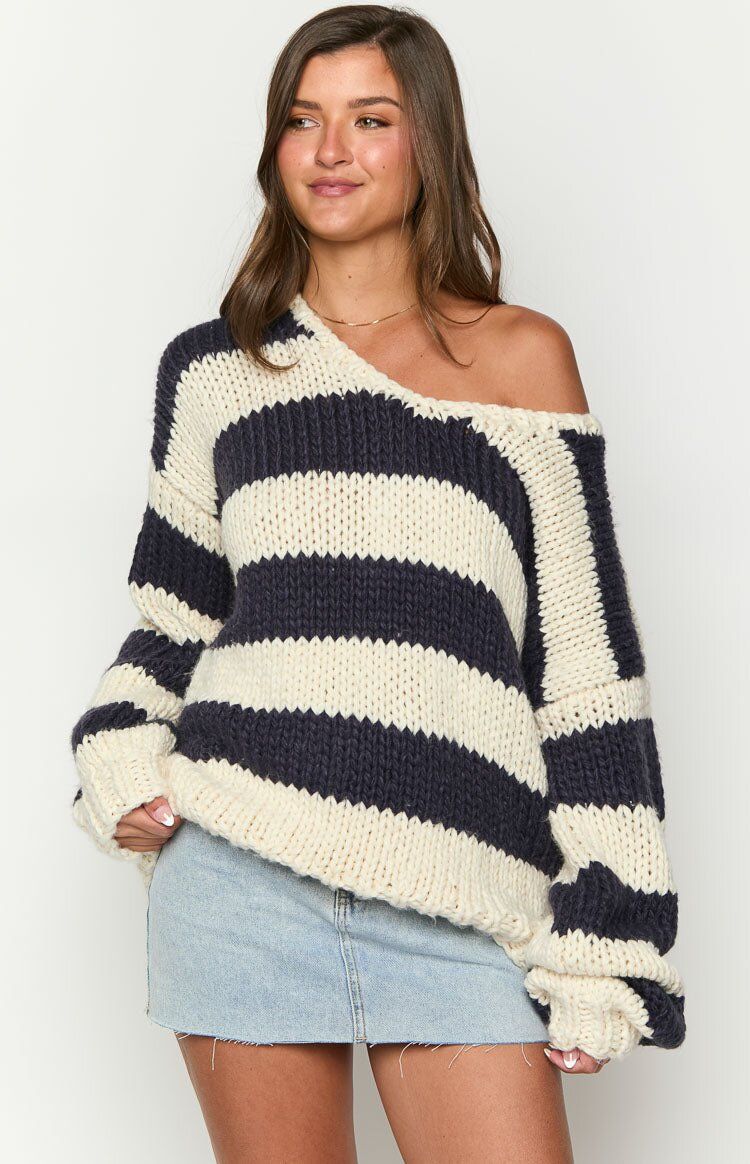 Oversized Dopamine Stripe Knit Sweater - Soft Fashion Drop Shoulder Top For Women, Sweet & Cozy Fall Winter Casual Wear_voghion.com