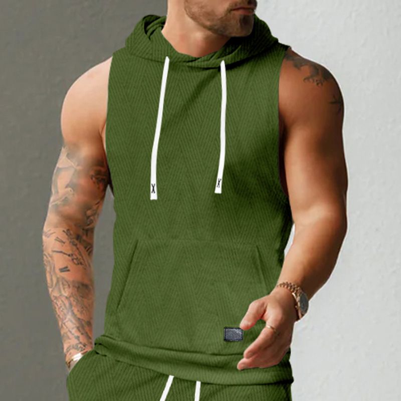 Felpa con cappuccio in maglia jacquard casual da uomo, senza maniche, con tasca applicata e coulisse_voghion.com