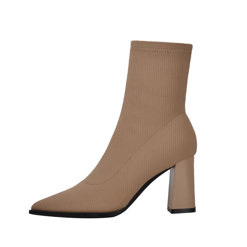 Suitable For All Seasons 3368-1 Knitted Sock Boots For Women, Chunky Heel, Pointed Toe, Petite High Heel Ankle Stretch Slim Boots, 2024 Autumn_voghion.com