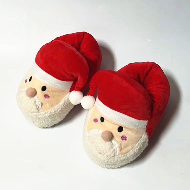 Sapatos de Natal fofos e peludos de algodão com Papai Noel, modelo Cross-Border, para uso interno, para casais quentinhos._voghion.com