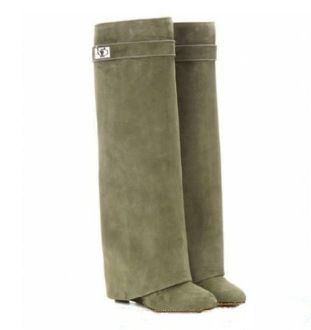 2024 New Round Toe Wide Shaft Straight Shark Buckle Mid-Calf Wedge Heel Boots For Women_voghion.com
