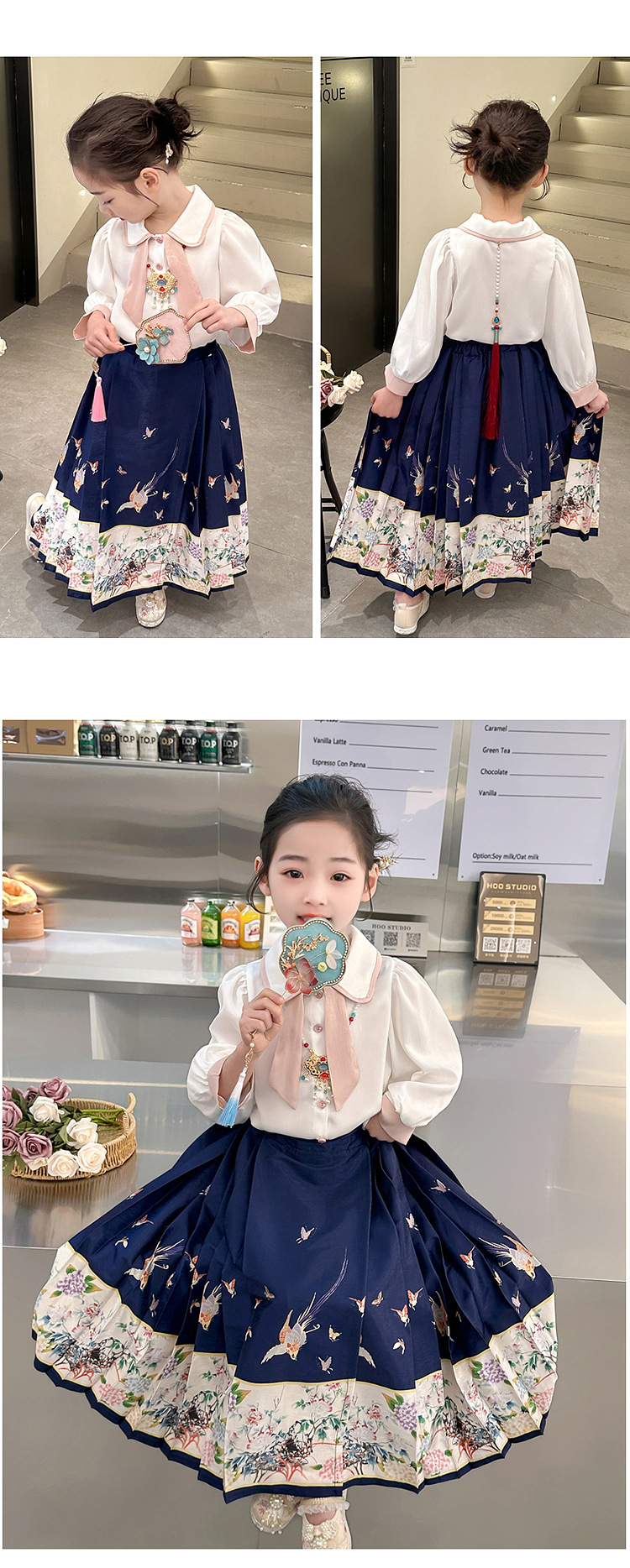 Mother & Kids Baby pige vintage dobbeltsidet broderi hesteansigt nederdel sæt pige mode Hanfu_voghion.com