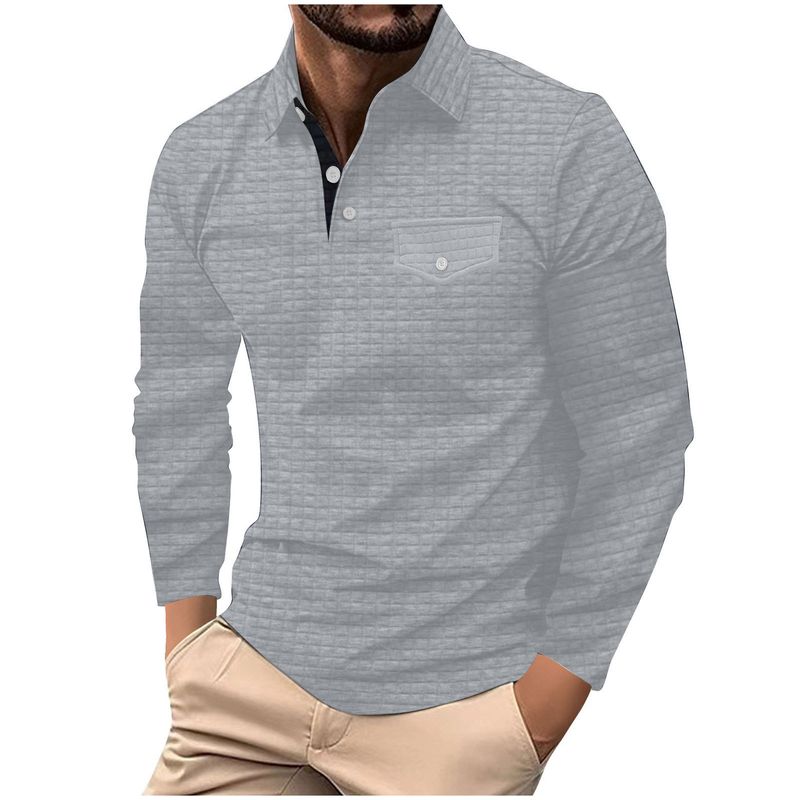 Ins Frühling Herbst Herren Langarm Plaid mit Knöpfen und Tasche Sport Poloshirt_voghion.com