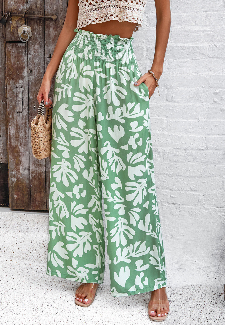 Pantaloni larghi e larghi da donna, in misto cotone stampato, eleganti, primavera-estate_voghion.com