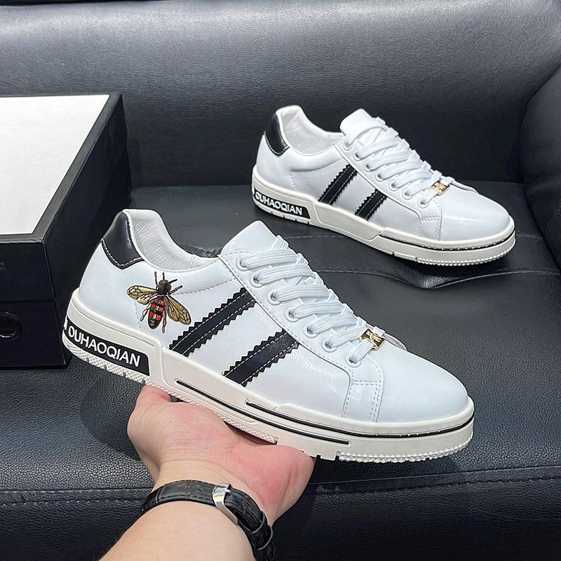 Fuguchi Little Bee Sneakers Embroidered Genuine Leather Luxury Brand High-end White Men's Trendy Shoes_voghion.com