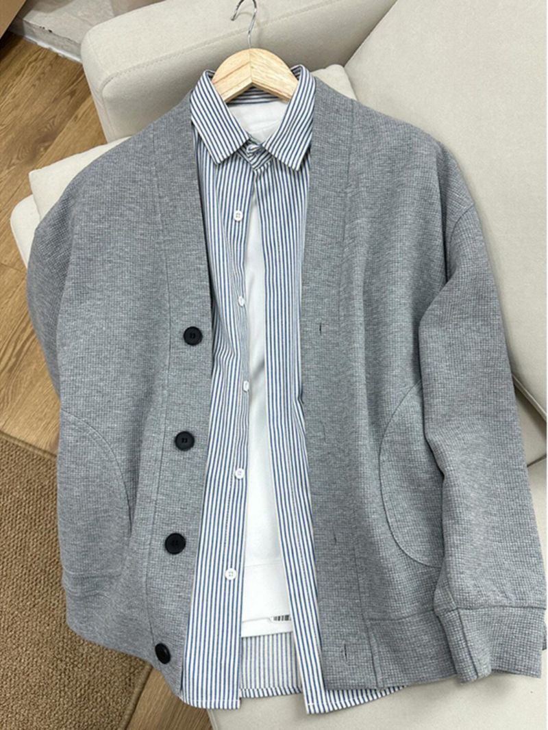 Men's Clothing Men's Waffle Knit Cardigan - Oversized V-Neck Open Front Jacket (Black/Grey, M-XXXL)_voghion.com