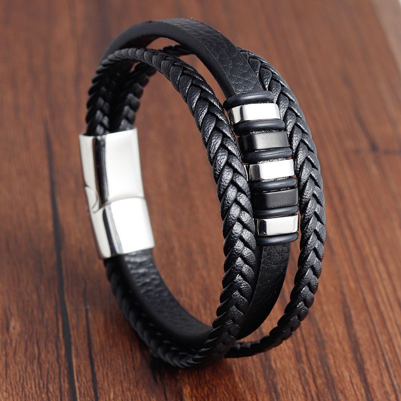 Men's Jewelry Leather Rope Bracelet Stainless Steel Leather Braided Bracelet Genuine Leather Multi Layer Jewelry_voghion.com