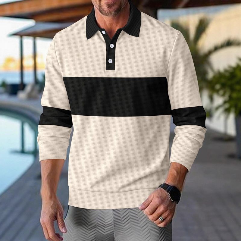 Herren-Poloshirt mit Waffelstrick und Kontrastfarbe, langärmelig – Locker geschnittenes, lässiges Hemd mit Button-Down-Kragen für den Herbst_voghion.com