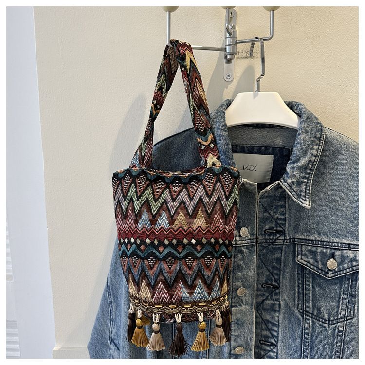 Borsa a secchiello da donna, elegante e semplice, con nappa, borsa a tracolla etnica, borsa per il tempo libero da donna, borsa a secchiello da donna_voghion.com