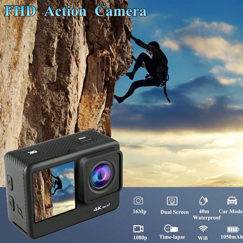 Cámara deportiva para exteriores con pantalla dual 4K y WIFI, videocámara para ciclismo, resistente al agua hasta 30 m_voghion.com