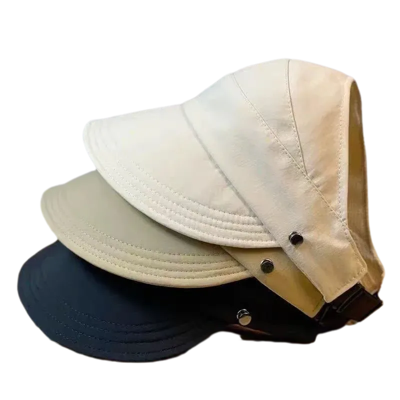 Fashion Korean Women Empty Top Foldable Wide Brim Sun Protection Hats Summer Visor Fisherman Face Mask Hook Hat Ponytail Cap_voghion.com