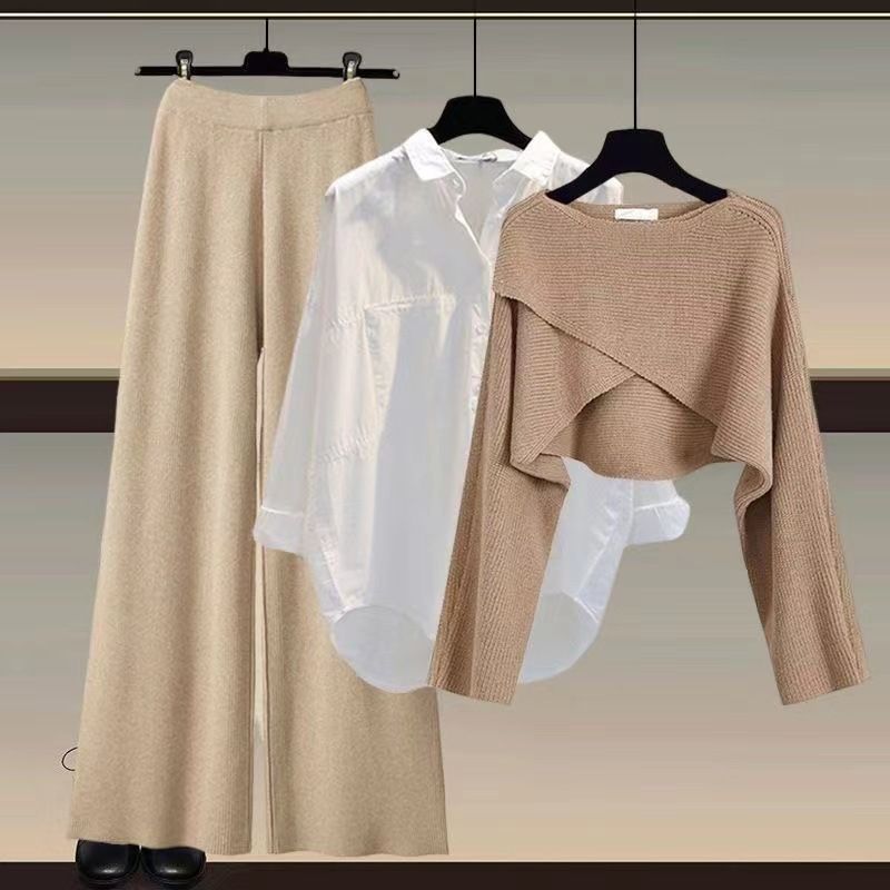 Dameskleding Gebreide trui, shirt, wijde pijpen, driedelig pak_voghion.com
