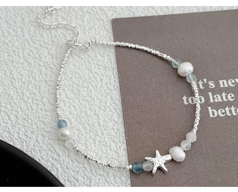Women’s Summer Starfish Natural Pearl Charm Bracelet - Niche Fresh Design With Fragmented Silver & Aquamarine Accents_voghion.com