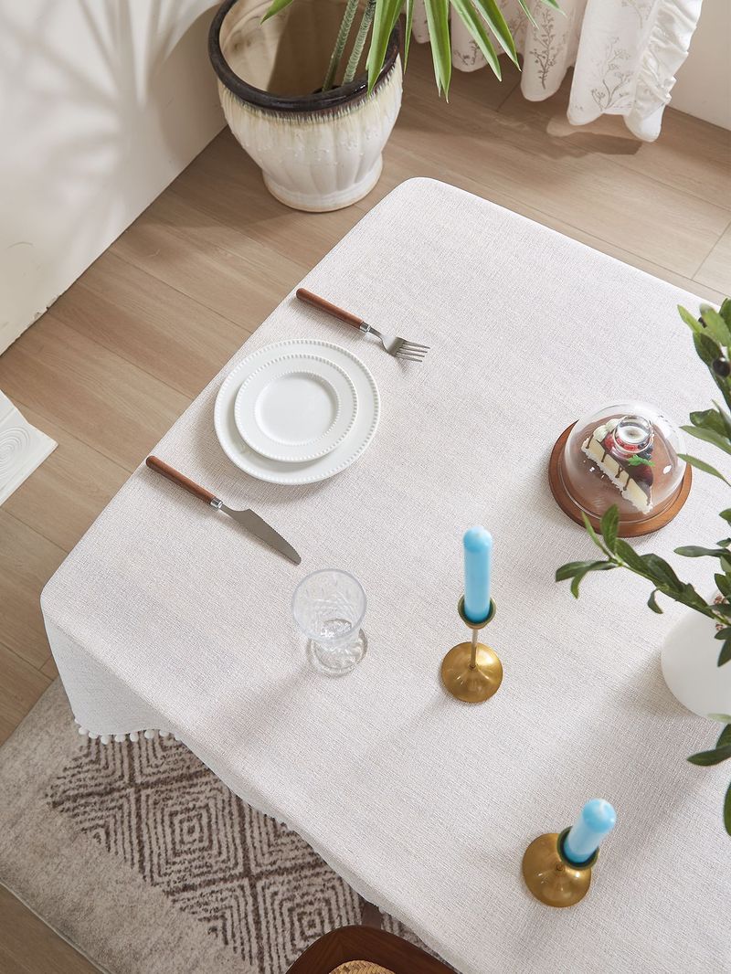 Tovaglia con nappe bohémien – Copritavolo rettangolare in poliestere effetto lino, antipolvere e antiscivolo, bianco e grigio, stile nordico_voghion.com