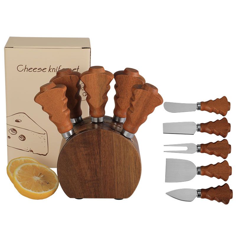 Christmas Tree Handle Acacia Wood Cheese Knife And Fork 6-Piece Set With Wooden Stand_voghion.com