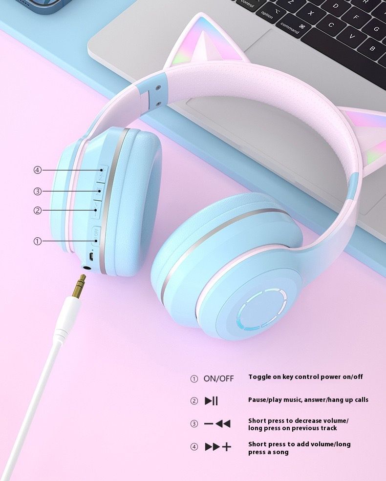Uudet ST89M-päähineessä pidettävät langattomat Bluetooth-kuulokkeet, joissa on vähitellen väriä heijastava LED-valo, kissan korvat (höyrytetty kissan korvan muotoinen leipä)._voghion.com