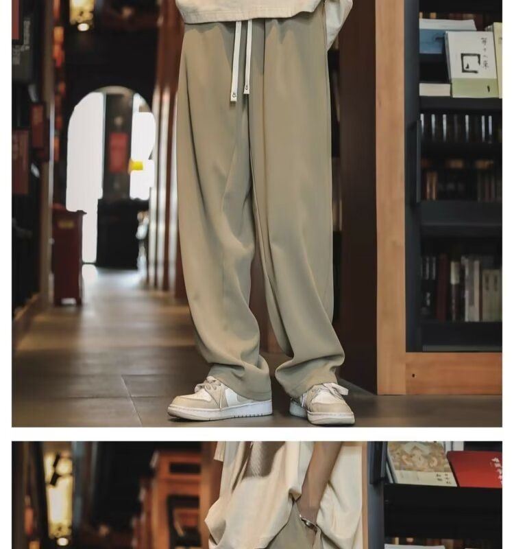 2024 New Khaki Ice Silk Spring And Autumn Suit Loose Straight Leg Casual Pants, Men's Style_voghion.com