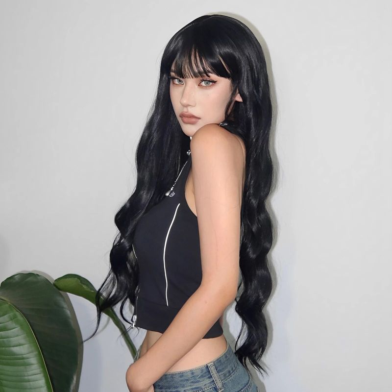 Parrucche sintetiche nere naturali Parrucche lunghe ondulate con frangia Parrucca per capelli quotidiani Cosplay per donne Parrucche in fibra resistente al calore_voghion.com