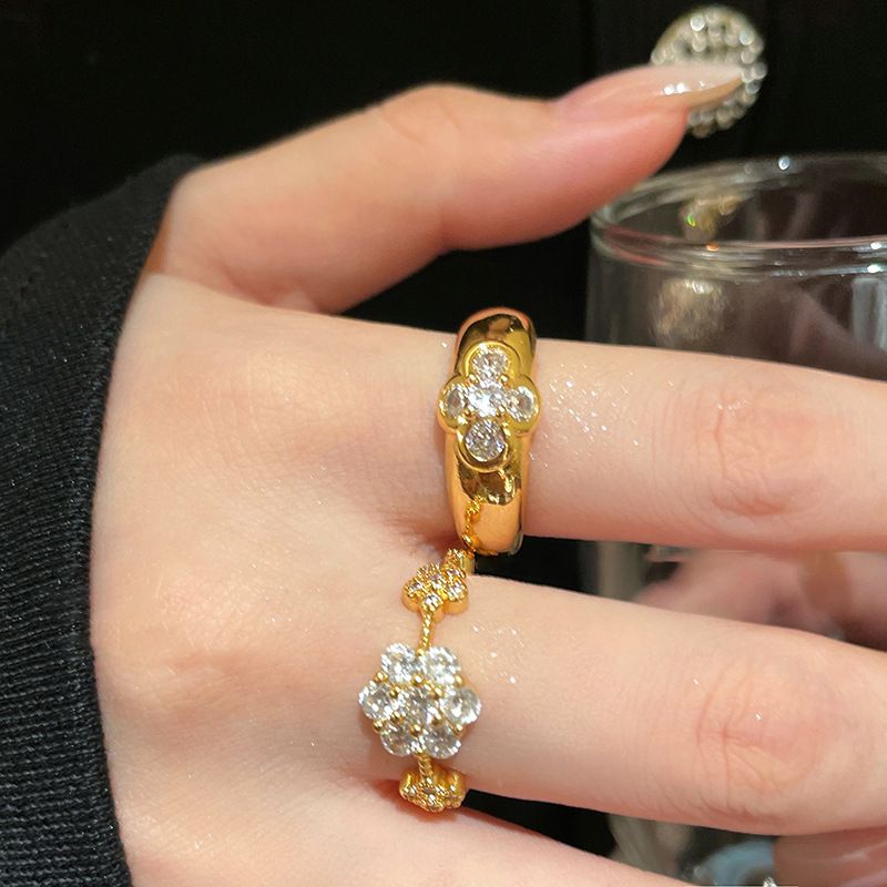 Retro Zircon Flower Opening Ring For Women Niche Simple Light Luxury Index Finger Ring Fashionable Temperament High-end Feel Hand Jewelry For Women_voghion.com